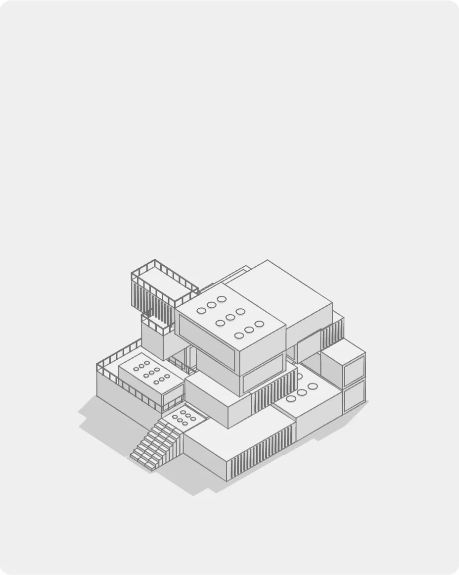 A multi-storey building model shown as a grey hidden-line drawing, its stacked volumes, balconies and entrance stair drawn in outline.