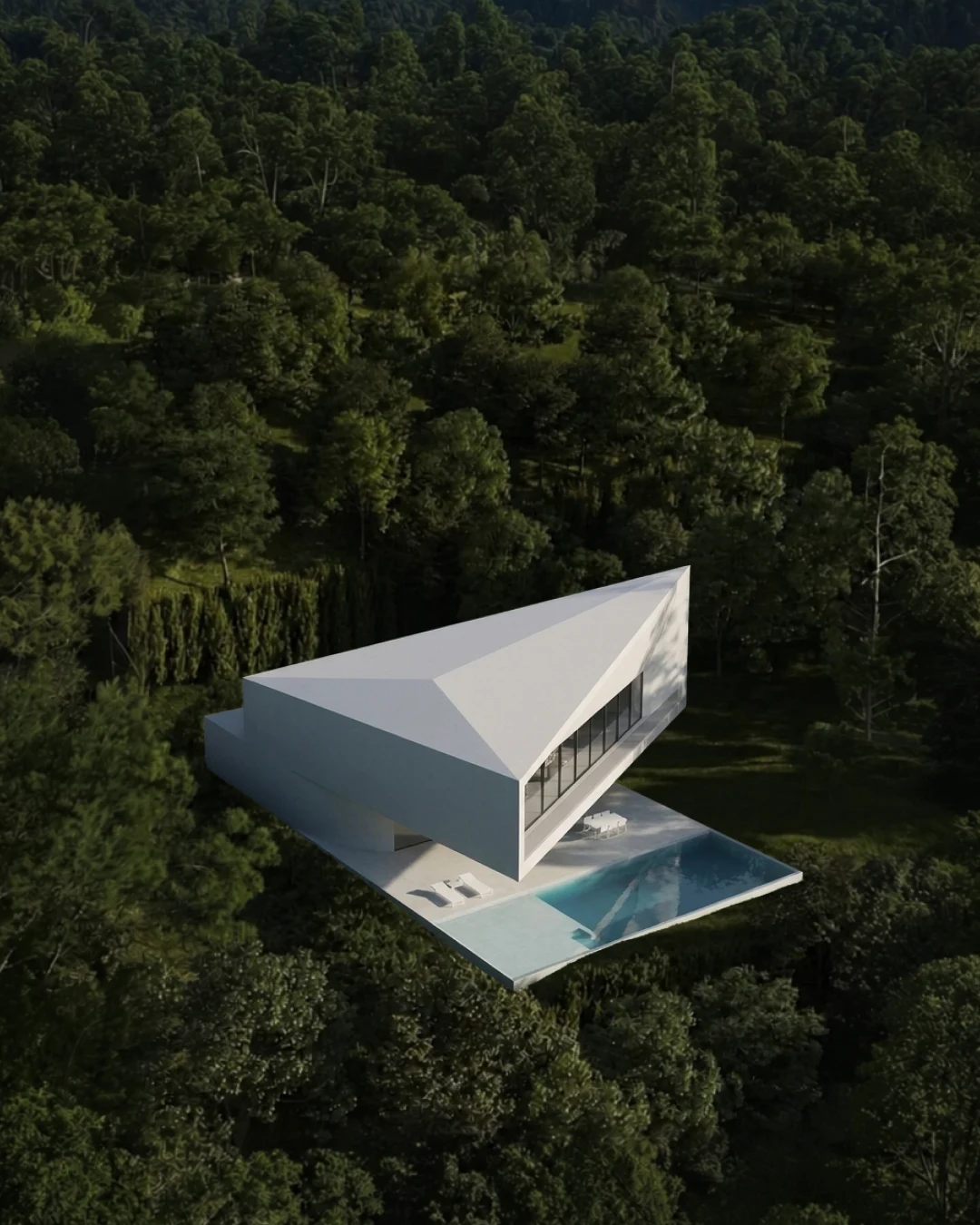 Aerial render of a white angular house with a pool terrace, set in dense forest.