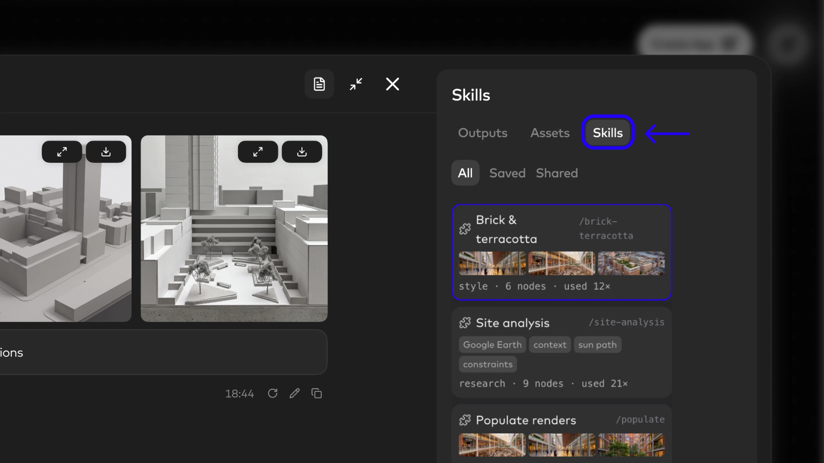 A dark-themed interface showing architectural visualization tools with 3D building renders on the left and a Skills panel displaying design resources like "Brick & terracotta" and "Site analysis" on the right.