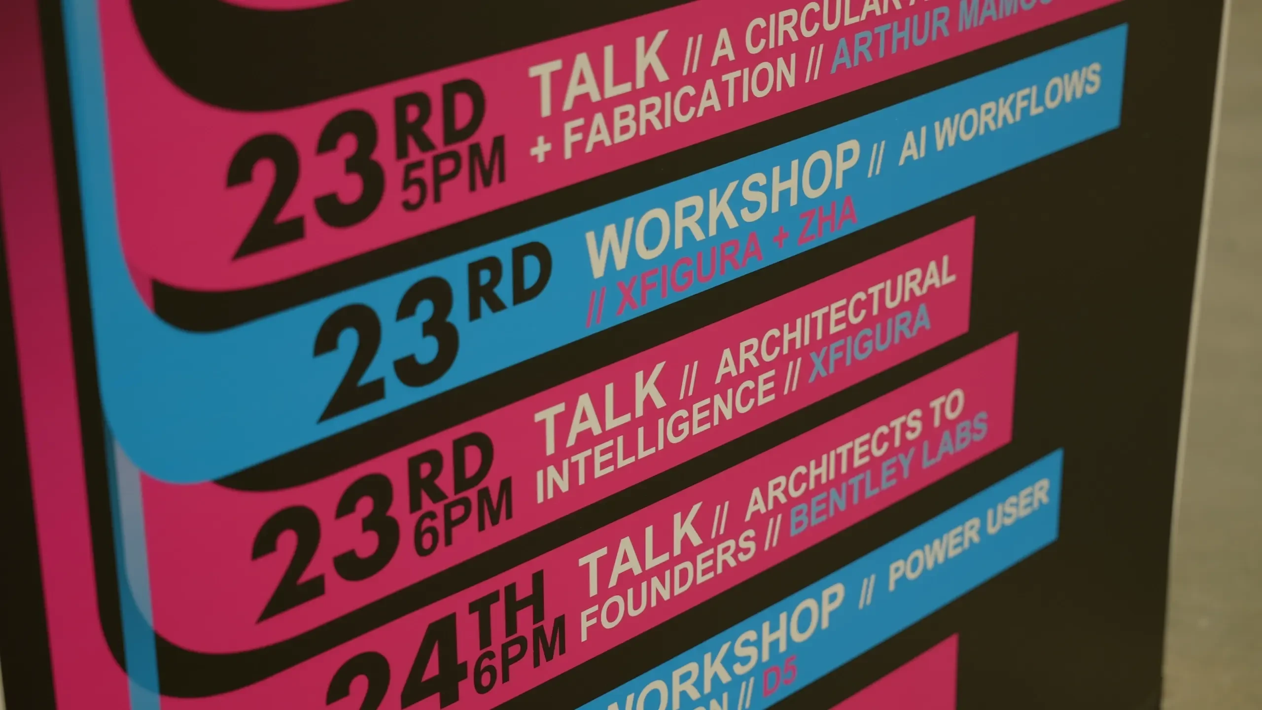 Event schedule poster displaying talks and workshops on dates 23rd and 24th with various topics including circular fabrication, AI workflows, and architectural intelligence
