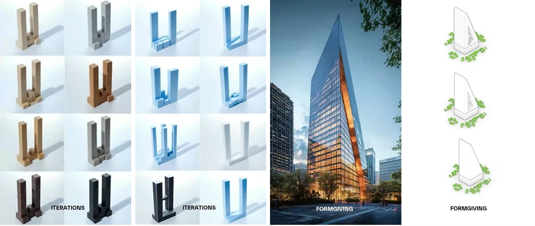 Grid display of architectural designs including tower iterations, building elevations, interior spaces, and material studies.