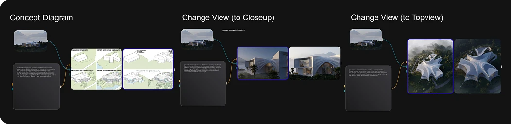 Dark presentation slide showing concept diagrams with plan views and 3D architectural renderings in columns.