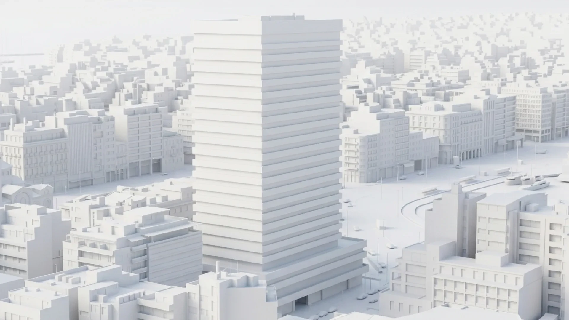 White 3D massing model of the tower in its city block