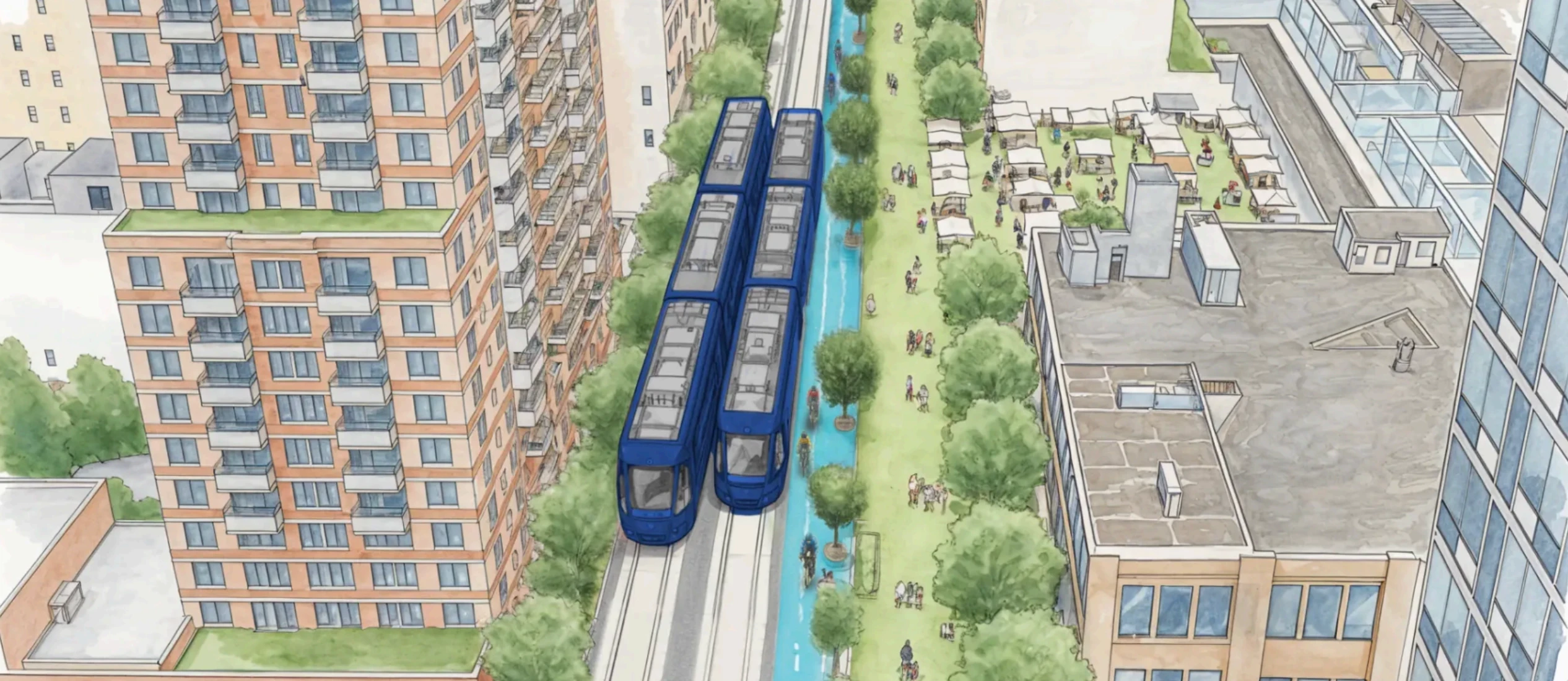 Aerial view of blue transit train running down green urban street between city buildings.