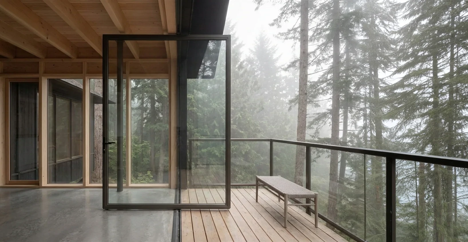 Generated view: the pivot door onto the foggy deck