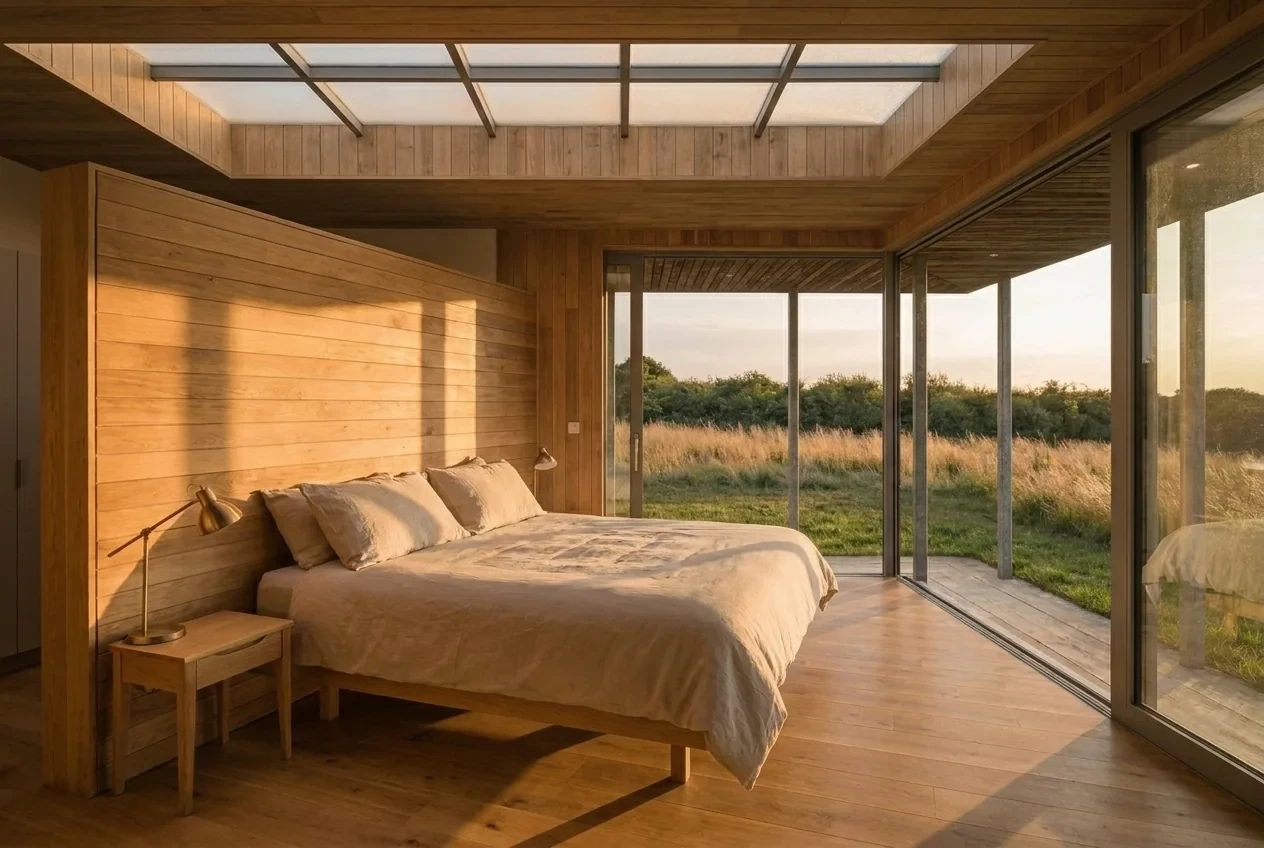 Option A: the bedroom under its skylight at dusk