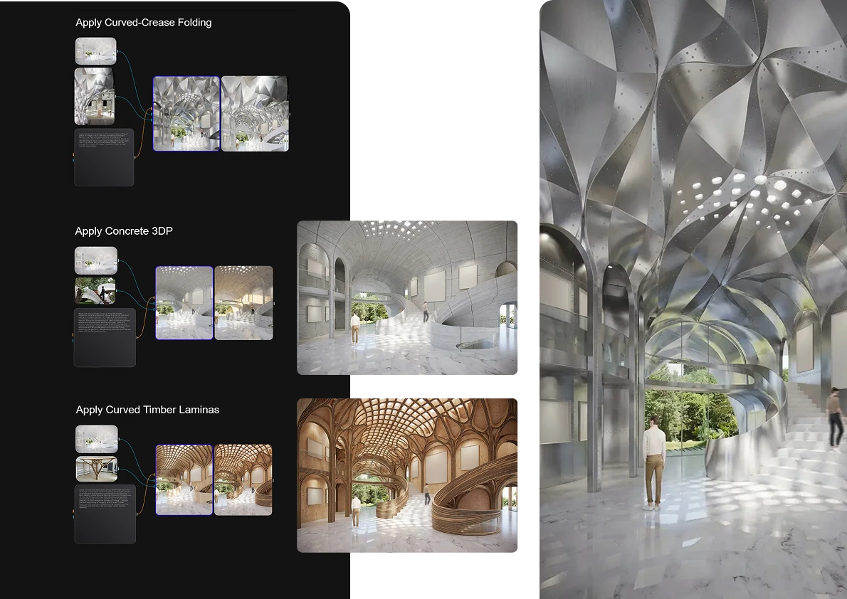 Interior design methods displaying folding techniques and architectural renderings