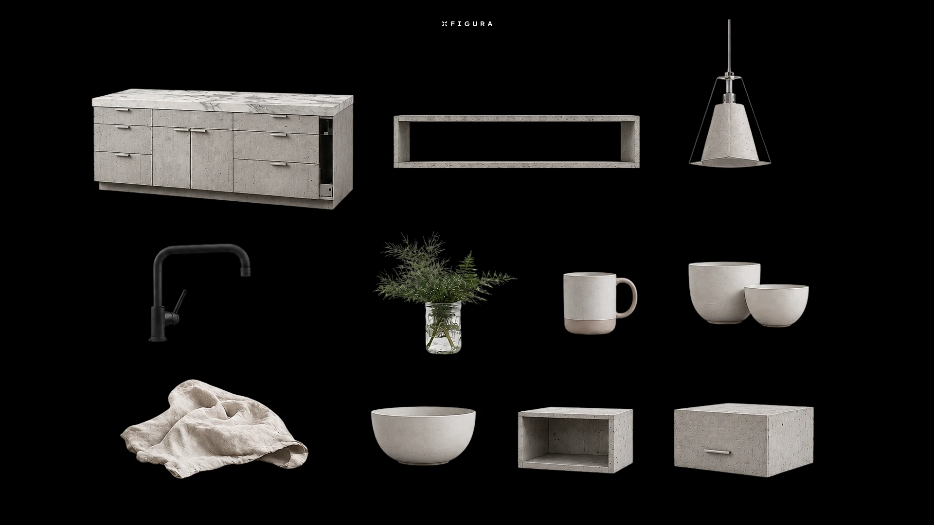 A curated palette of minimalist kitchen elements featuring raw concrete cabinetry, a honed marble countertop, matte black fixtures, handcrafted ceramic tableware, natural linen textiles, and subtle greenery in a warm contemporary aesthetic.