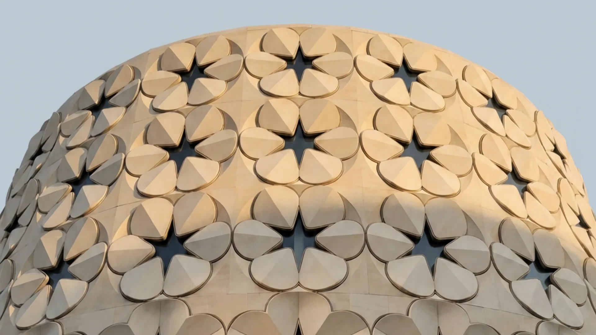 Dome crown clad in the petal panels, star apertures between the tiles