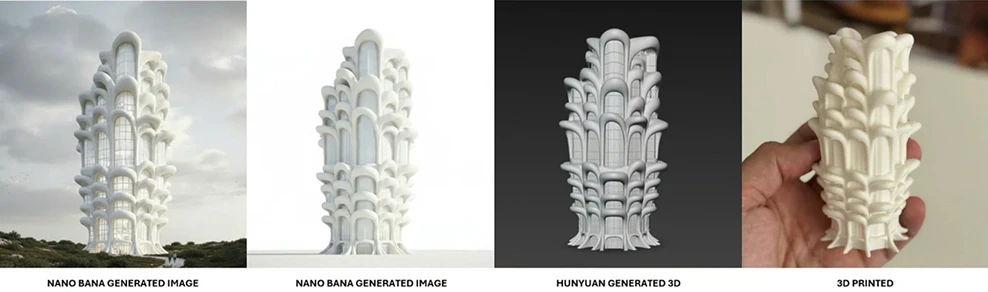 Four generative decorative tower designs showing NANO BANA generated, HUNTUYAN 3D, and 3D printed versions.