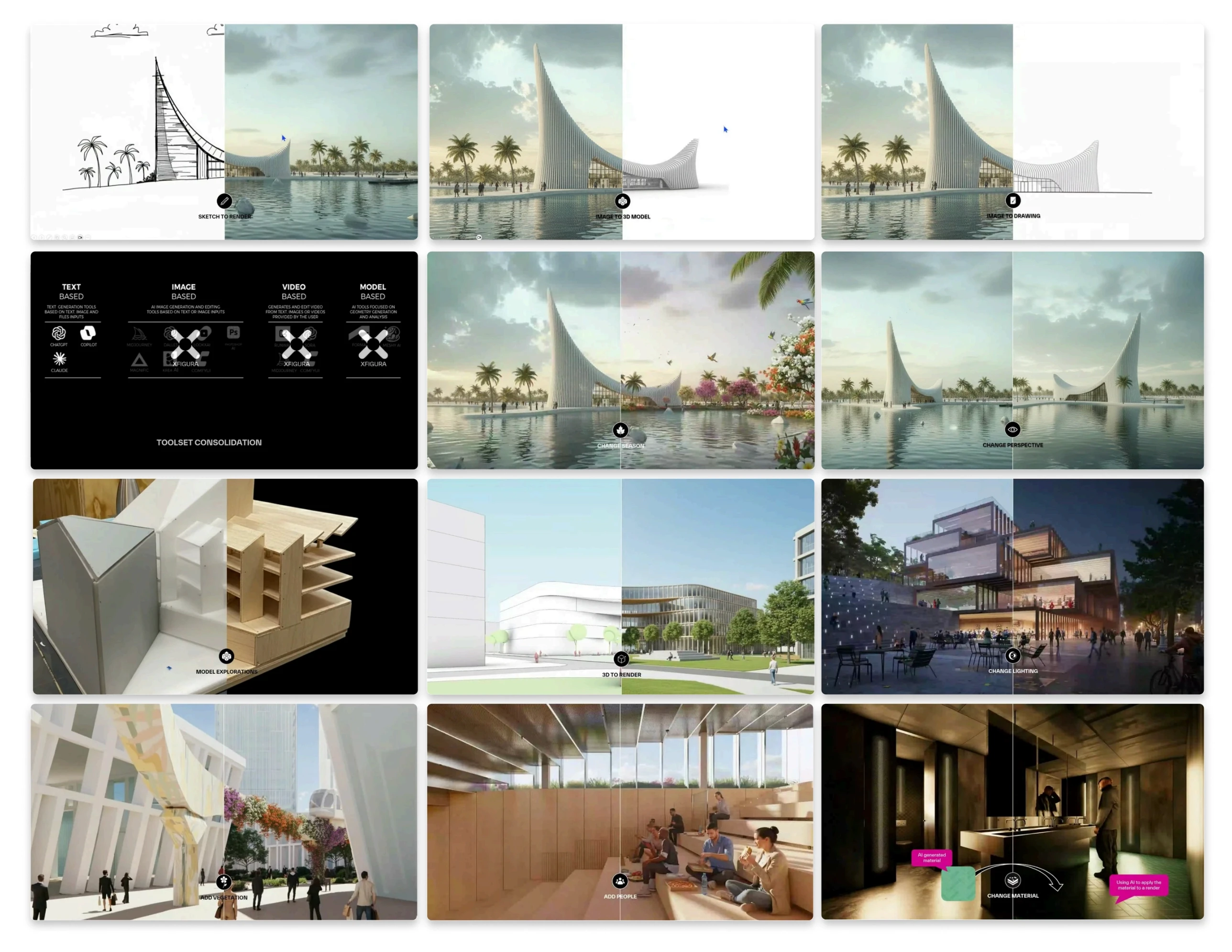Architectural concept with design sketches, rendered building views, elevation diagrams, and space planning details.