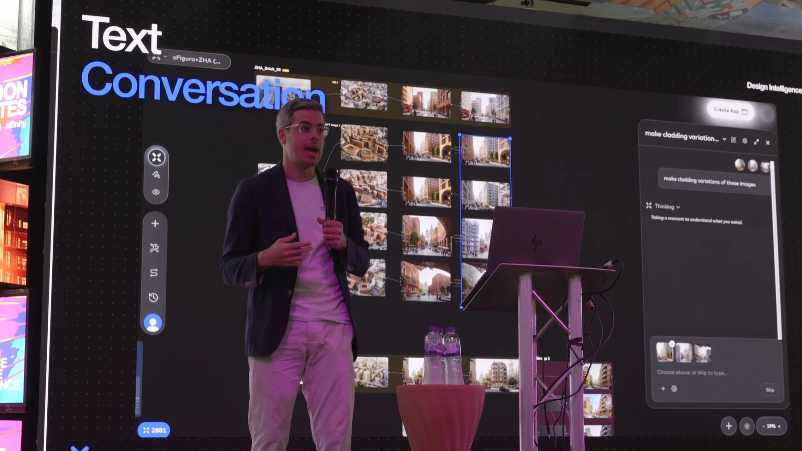 A presenter speaks on stage beside a large display showing "Text Conversation" with a grid of photographs and design interface elements on a dark background