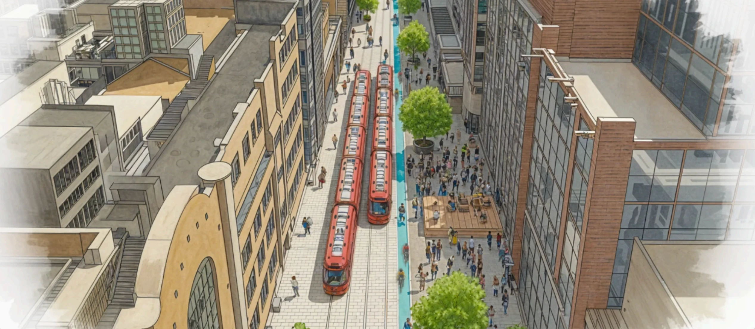 Architectural rendering of urban plaza with river, buildings, and pedestrian gathering areas