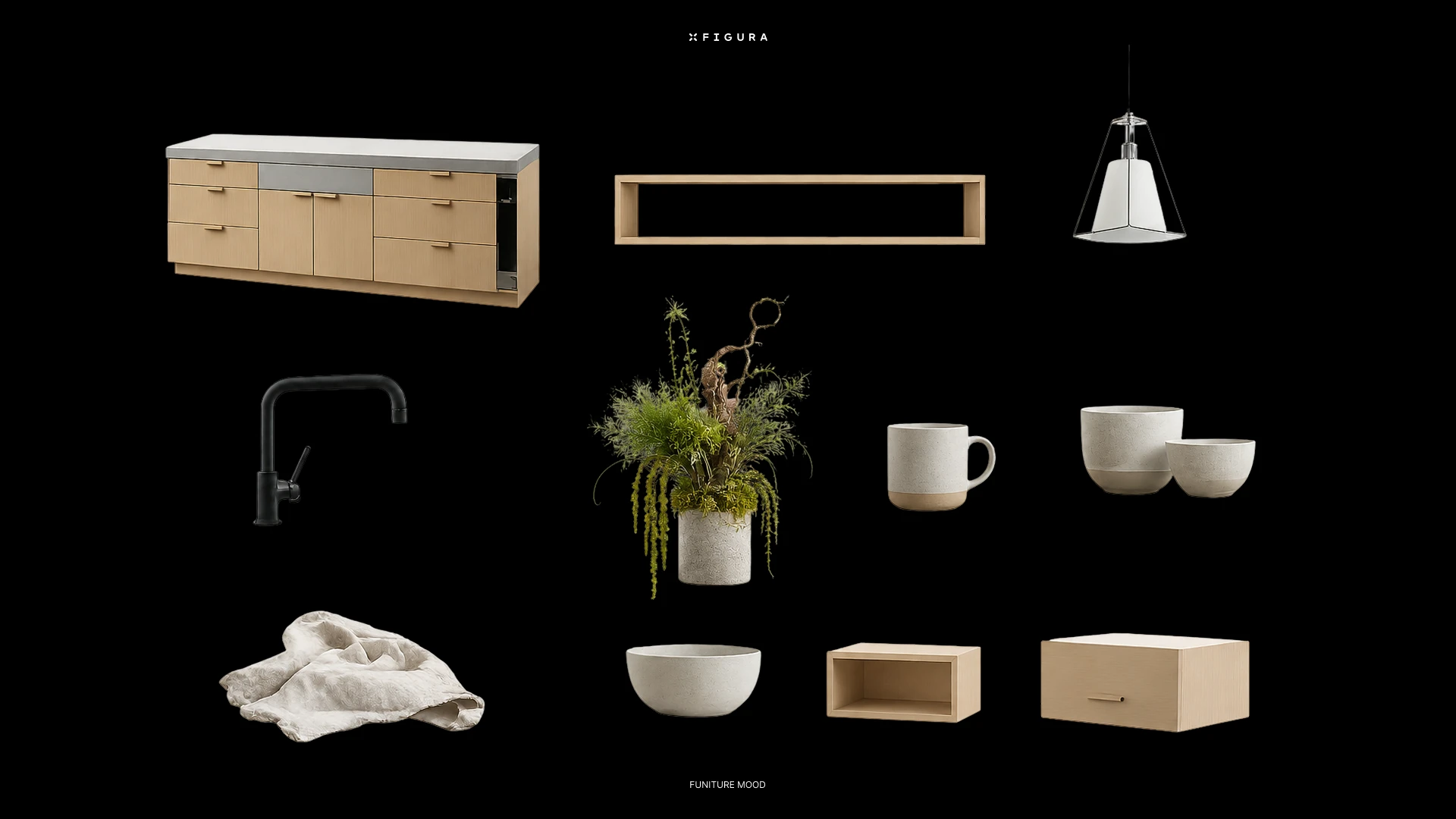 A curated palette of minimalist kitchen elements featuring light natural wood cabinetry, a raw concrete countertop, matte black fixtures, handcrafted ceramic tableware, natural linen textiles, sculptural greenery, and warm contemporary lighting in a refined Scandinavian-inspired aesthetic.