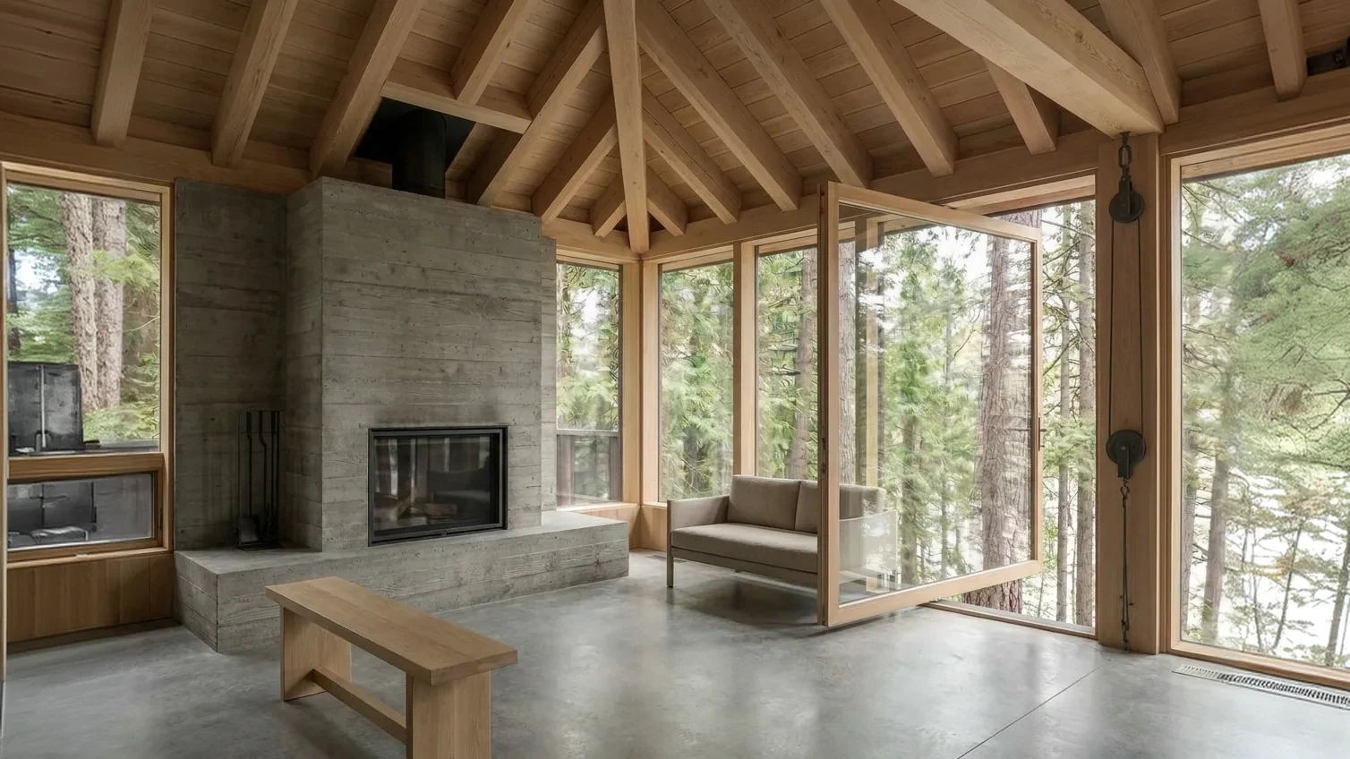 Attached image: the cabin living room, concrete hearth and misty pines