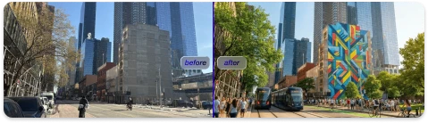 City block comparison of street design with signage and pedestrians