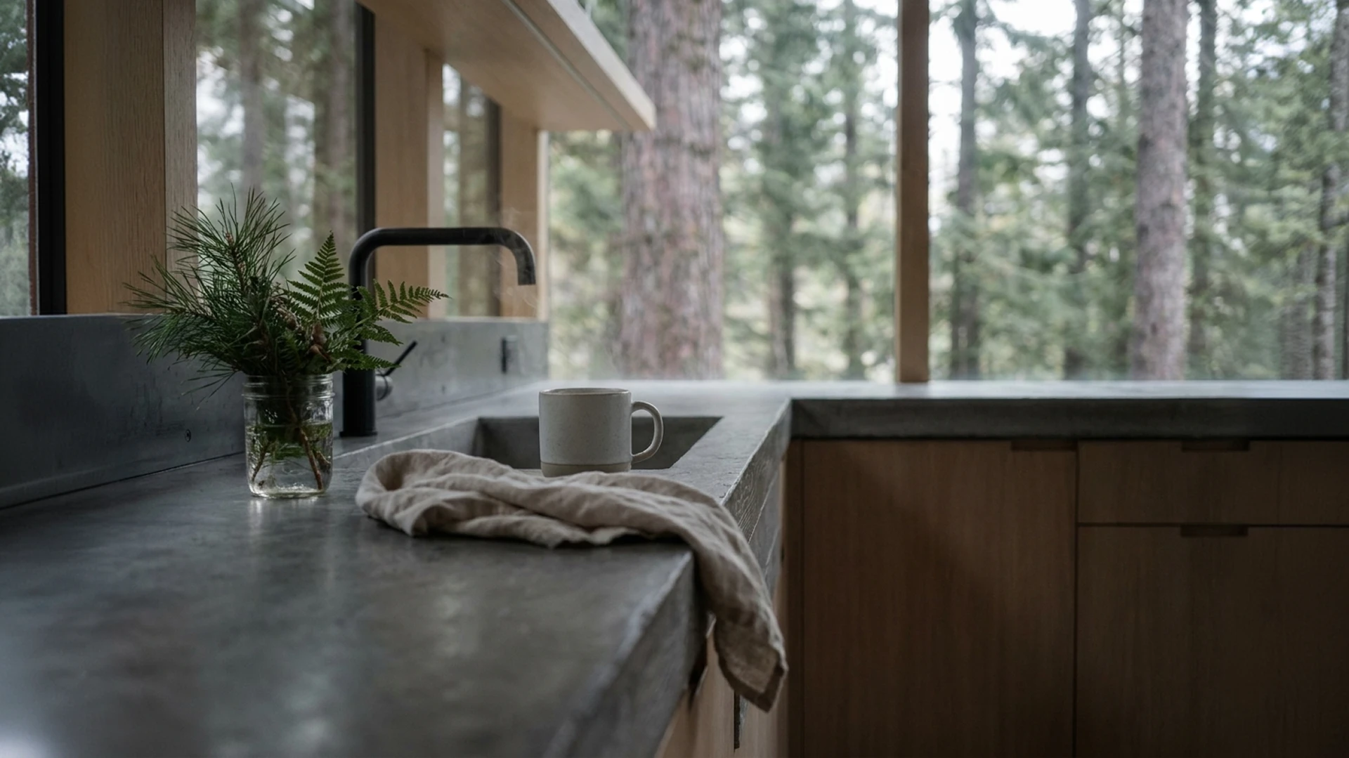 A close-up of a minimalist kitchen featuring a raw concrete countertop, warm natural wood cabinetry, a matte black faucet, handcrafted ceramic tableware, natural linen textiles, and lush greenery, framed by expansive glazing overlooking a tranquil forest.