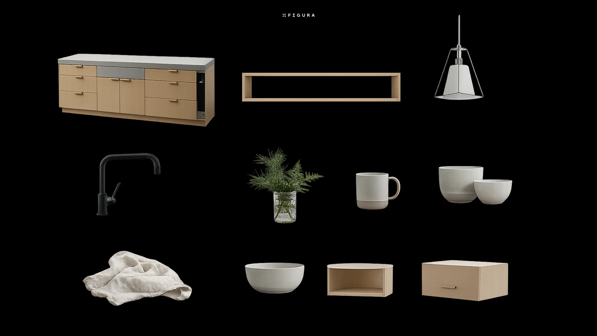 A minimalist kitchen featuring light natural wood cabinetry, a raw concrete countertop, matte black steel accents, and expansive floor-to-ceiling glazing that frames a misty forest landscape.