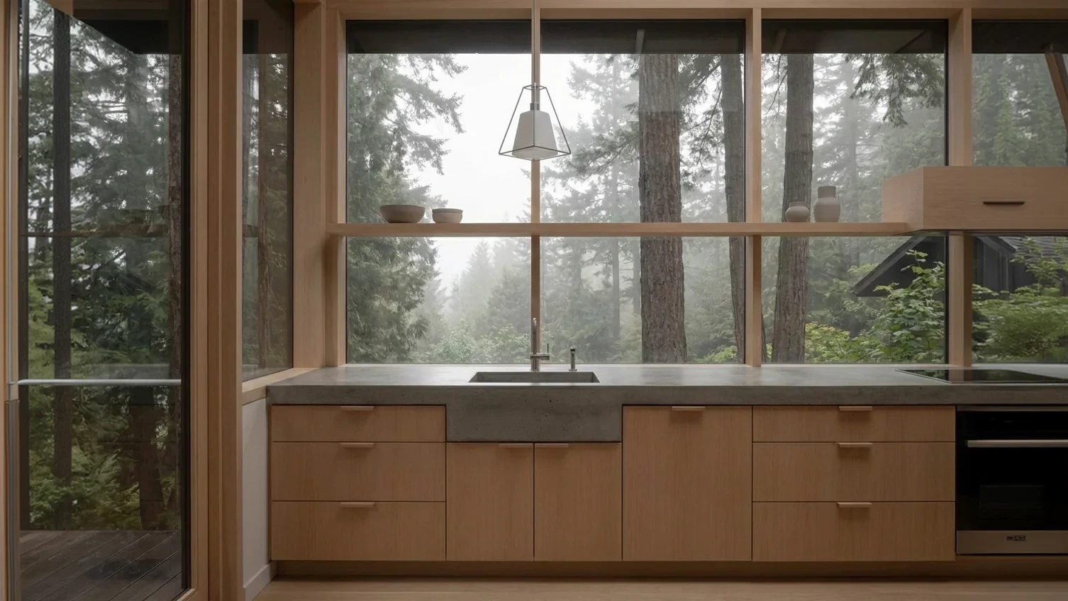 Generated view: the kitchen under its long forest window