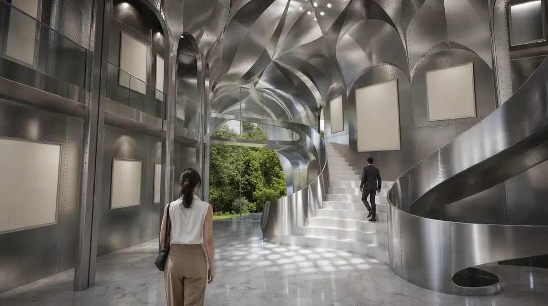 Interior rendering of modern passage with angular metal vaulted ceiling and natural outdoor views.